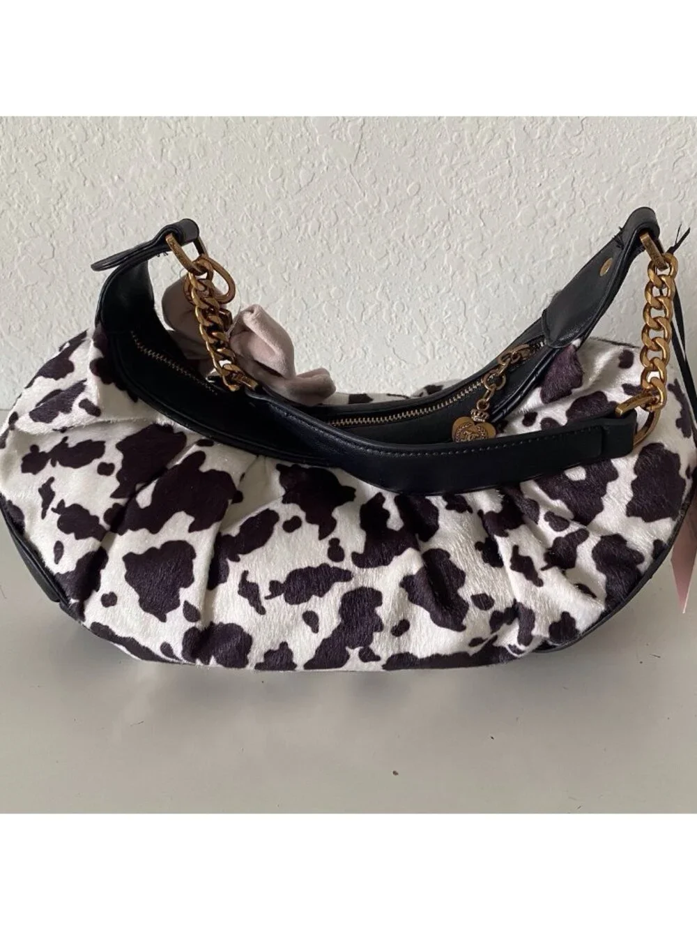 Juicy Couture Romance Cow Print Hobo Coho Bag‎ Liquorice White W/Charm Viral NEW